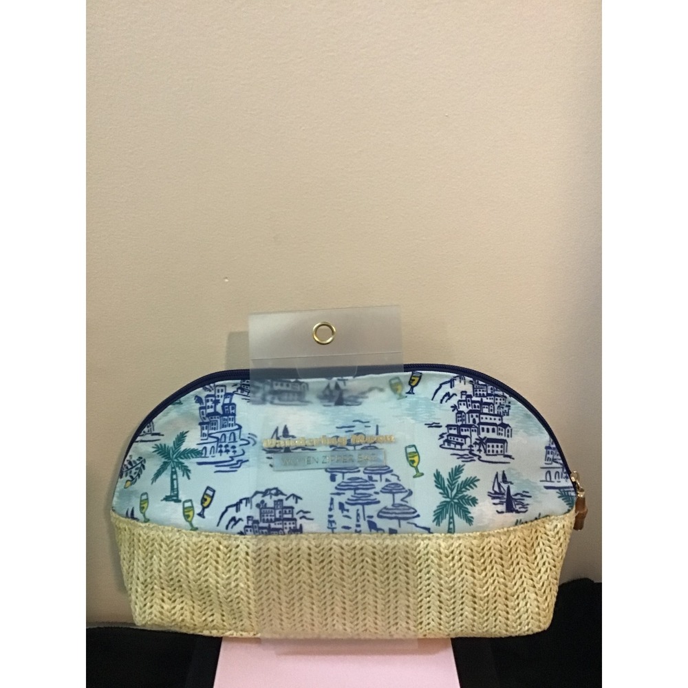 Wandering Moon Woven Zipper Bag Coastal Palm Tree Straw Cosmetic Pouch New